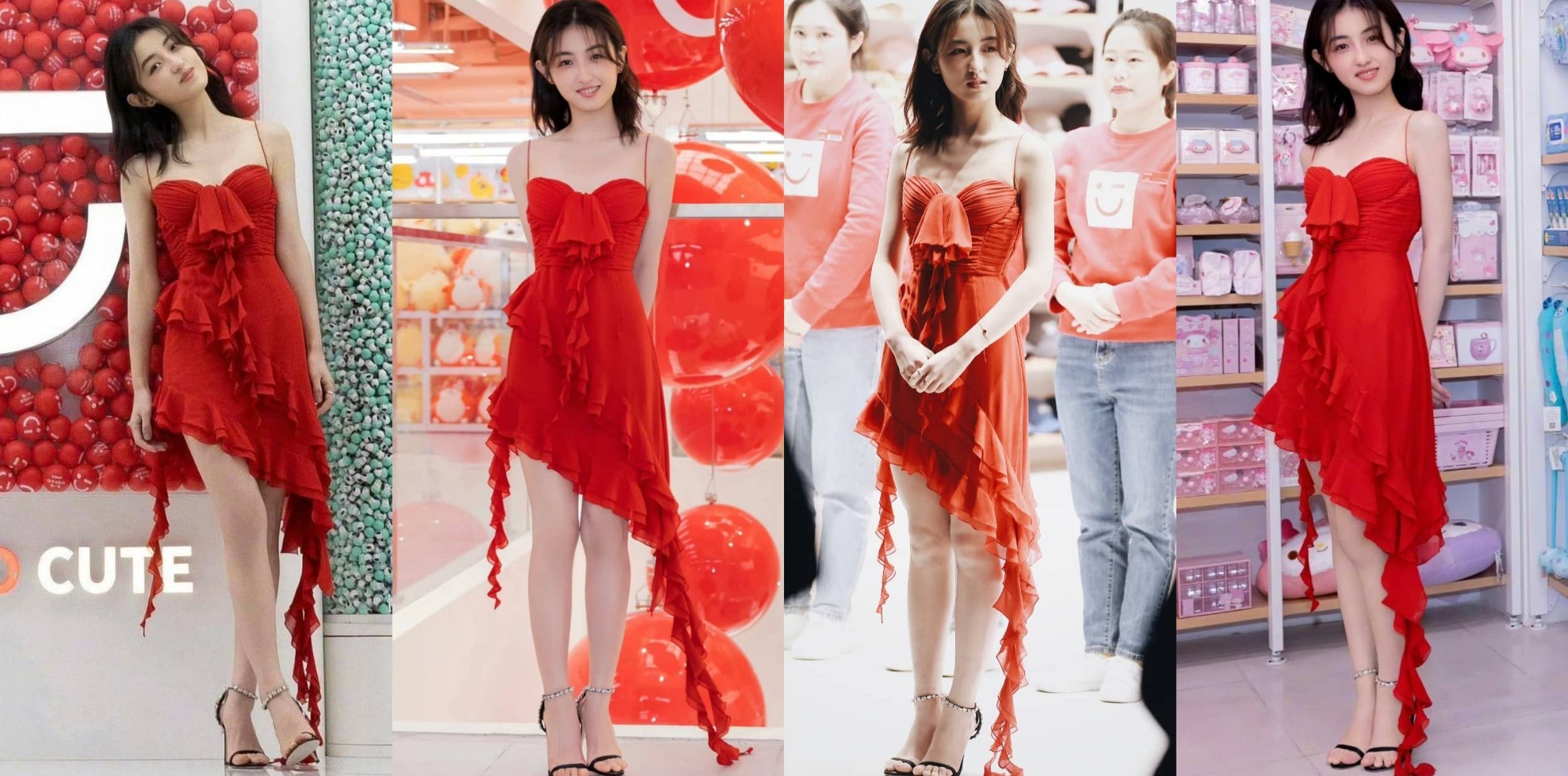 张子枫红色吊带裙，好甜好美