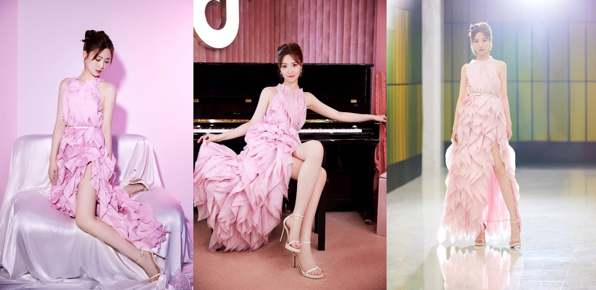 张纯烨粉色长裙穿搭：是恋爱的味道