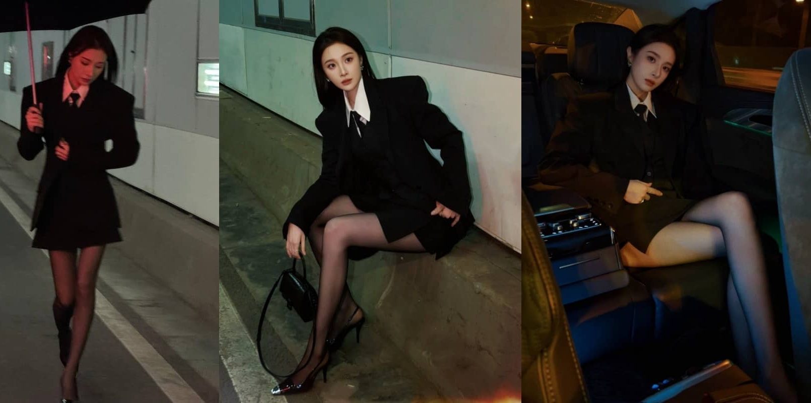 隆妮，黑色西装丝袜妆造街拍冷酷大片