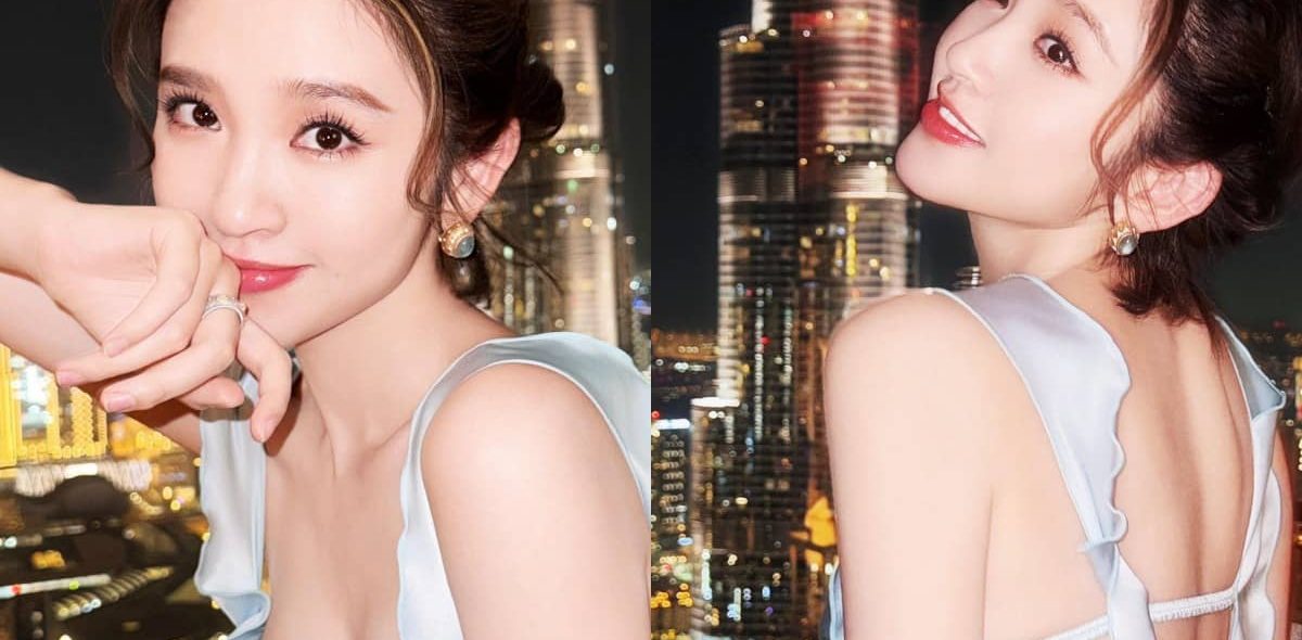 唐艺昕穿搭壁纸精选，红唇扎发裙装轻盈，好美的背~