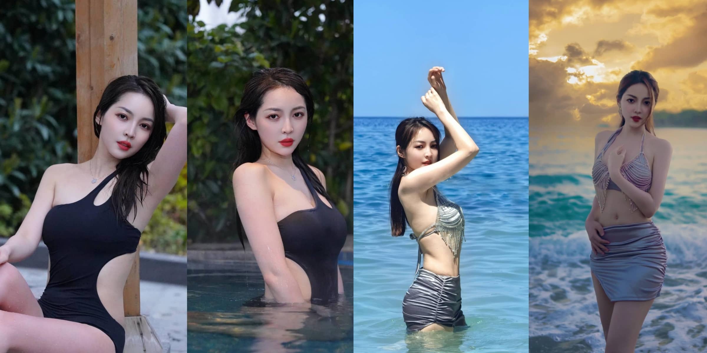 王钟瑶，黑色泳装，冷酷迷人