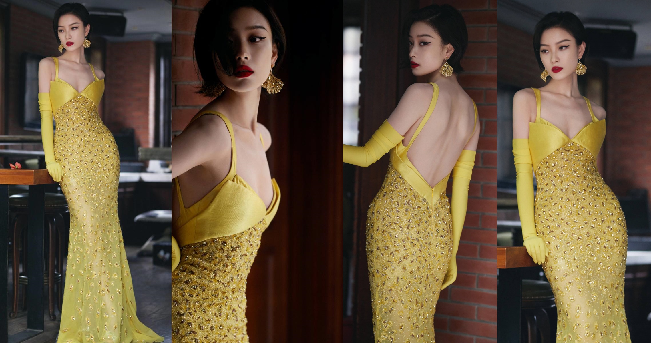 倪妮精选穿搭壁纸：金色晚礼服，美背吸睛