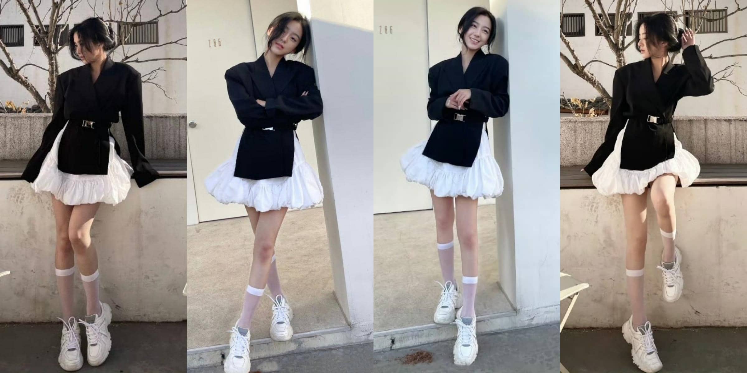包上恩黑白色彩少女穿搭，线条吸睛