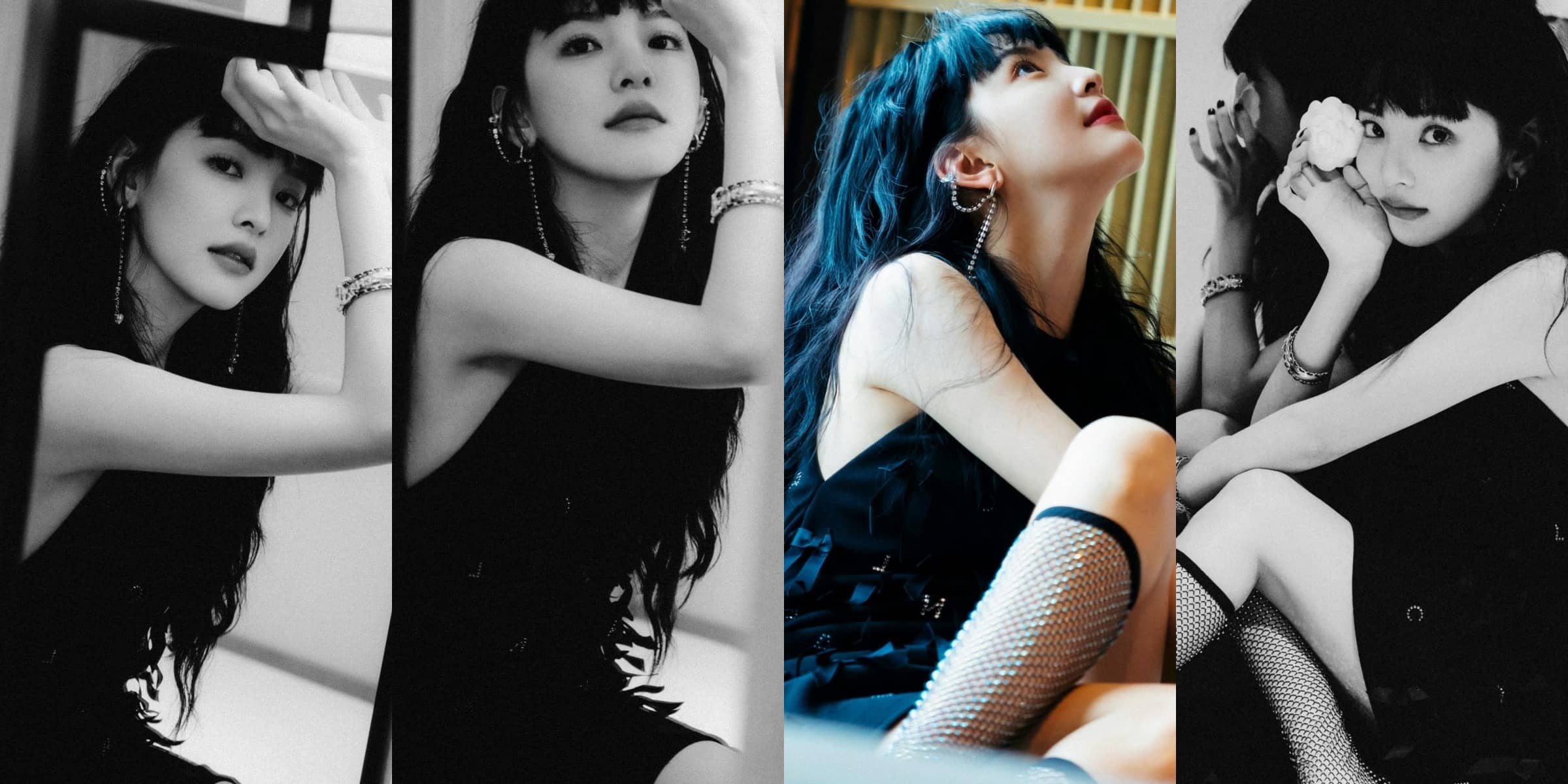 章若楠黑色妆造型，闪亮渔网袜，少女感满满