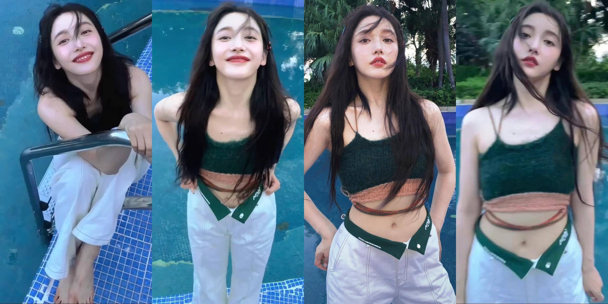 姜贞羽，泳池边美拍，真的好甜