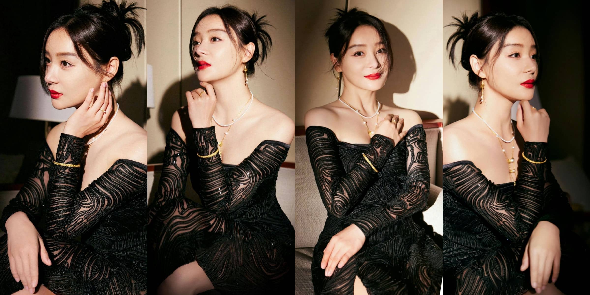 袁姗姗，黑纱抹胸裙，红唇大美人