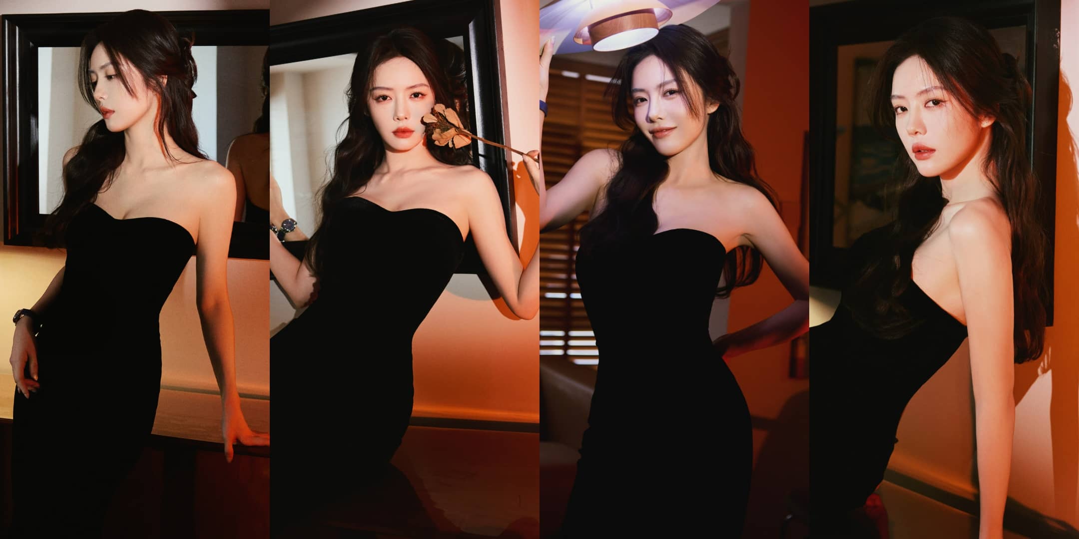蔡文静，抹胸黑裙，自在优雅