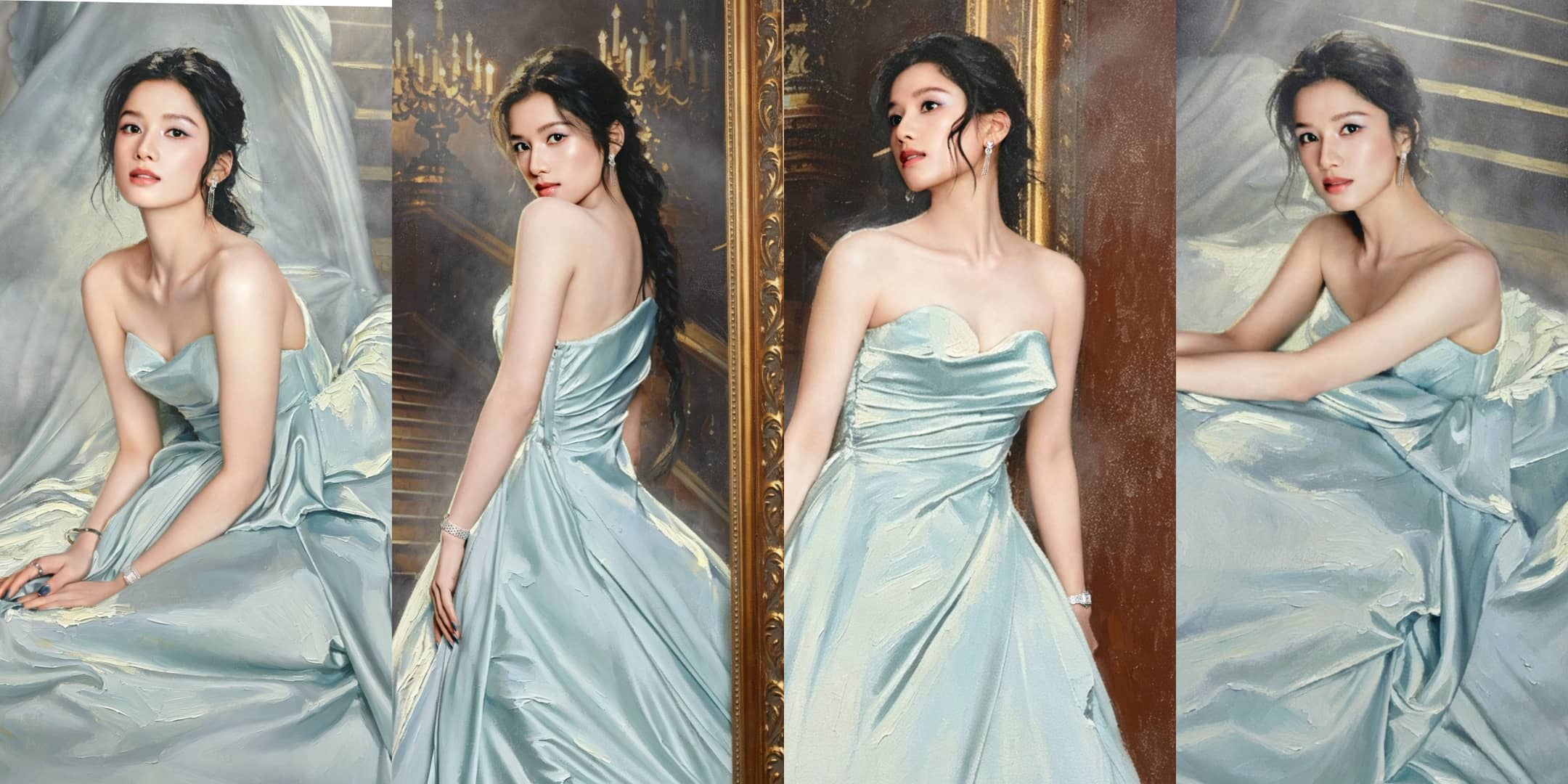 张婧仪，蓝色缎面裙，行走的油画感美人